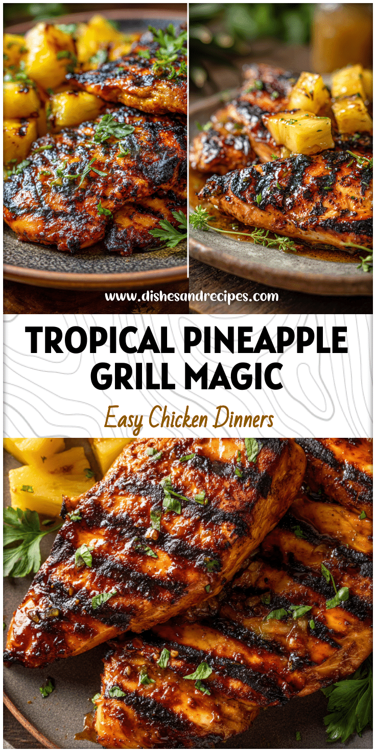Grilled chicken skewers with pineapple chunks, teriyaki glaze, and fresh herbs on a rustic plate.